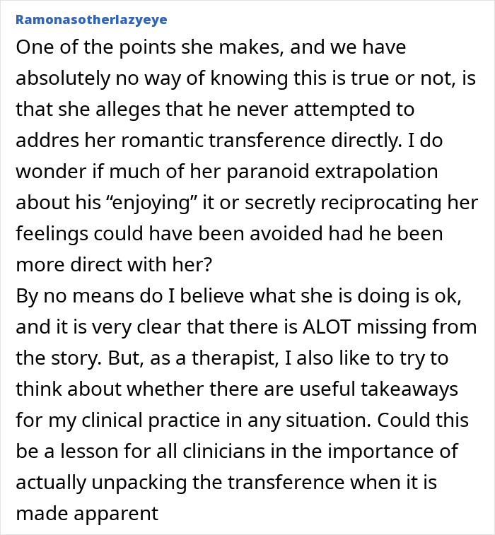 Comment from user discussing therapist transference and clinical practice amid woman obsessed with therapist controversy.
