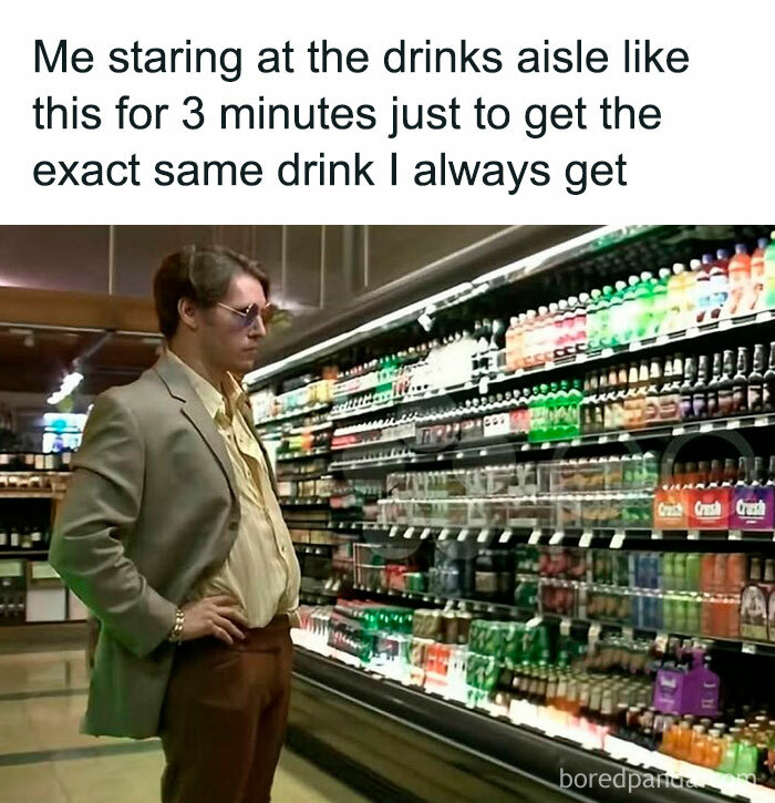 Man staring at drinks aisle searching for the exact same drink, illustrating humor related to neurodivergence memes.