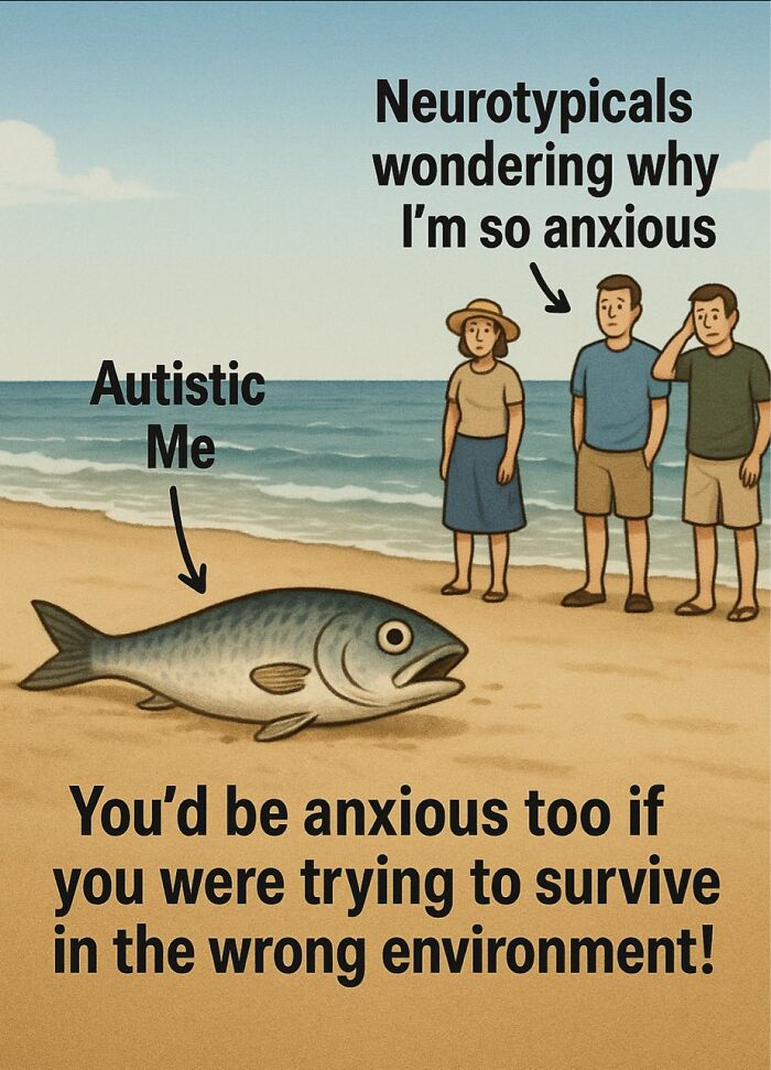 Autistic fish on beach with neurotypical people, illustrating anxiety and challenges of neurodivergence in a wrong environment.
