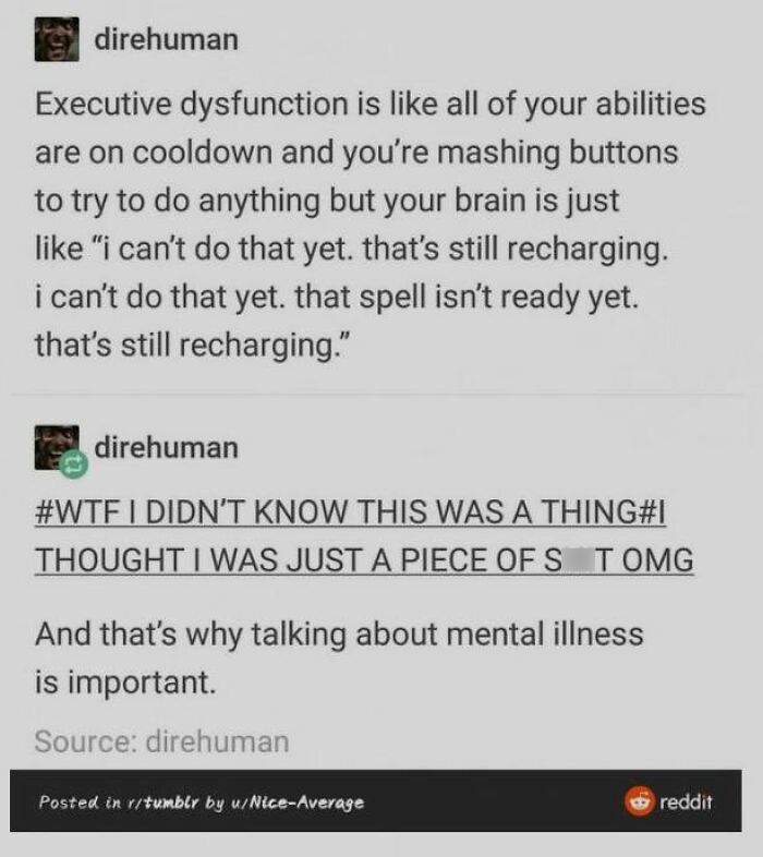 Text post explaining executive dysfunction as brain abilities on cooldown, highlighting importance of neurodivergence and mental illness awareness.