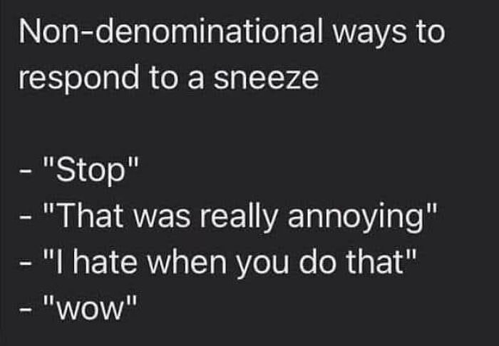 Text meme listing non-denominational ways to respond to a sneeze, related to funny neurodivergence memes.