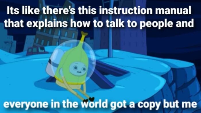 Animated character sitting alone under text about feeling left out, illustrating a funny meme on neurodivergence.