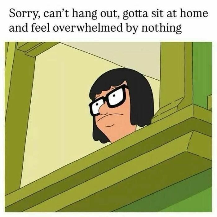 Animated character looking out window with text about feeling overwhelmed, illustrating neurodivergence humor and meme culture.