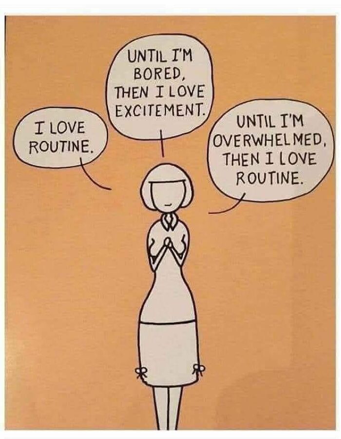 Illustration of a person expressing love for routine and excitement, highlighting neurodivergence traits in a simple cartoon style.