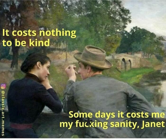 Two people sitting by a river with a bridge in the background, featuring a funny meme about neurodivergence and kindness.