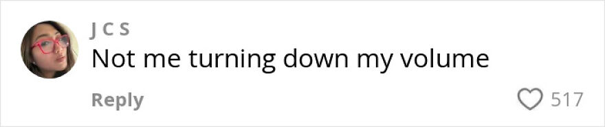 Commenter wearing red glasses and a grey shirt, replying with a phrase about volume in a casual social media post.