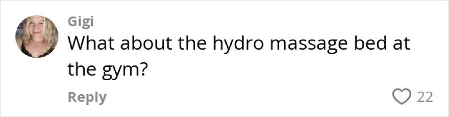 Comment from user Gigi asking about the hydro massage bed at the gym, related to neurologist stroke and dementia warnings.
