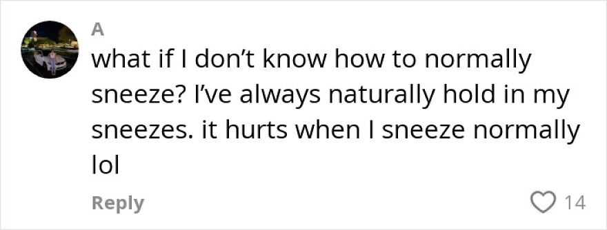 Comment about holding in sneezes naturally and questions the usual way to sneeze, related to neurologist warnings on stroke risk.