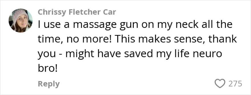 Comment mentioning use of massage gun on neck and thanking neurologist warning against post-exercise habits triggering strokes and dementia.