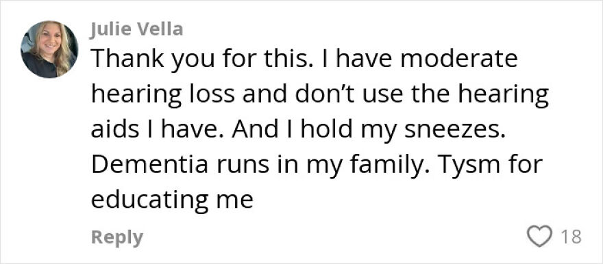 Comment from Julie Vella discussing family history of dementia and appreciation for neurologist advice on stroke risks.