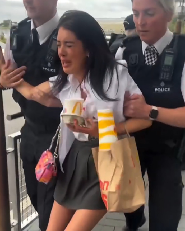 Young woman being restrained by two police officers outside McDonald's during a widely criticized arrest video incident.