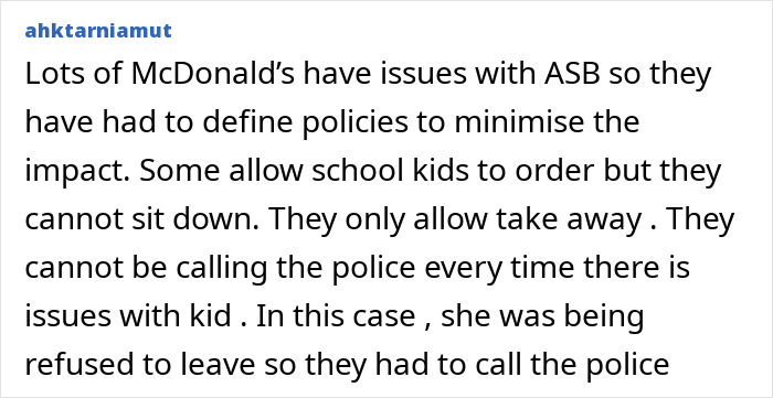 Text discussing McDonald's policies on school kids and police calls related to ASB after 13-year-old arrest viral video.