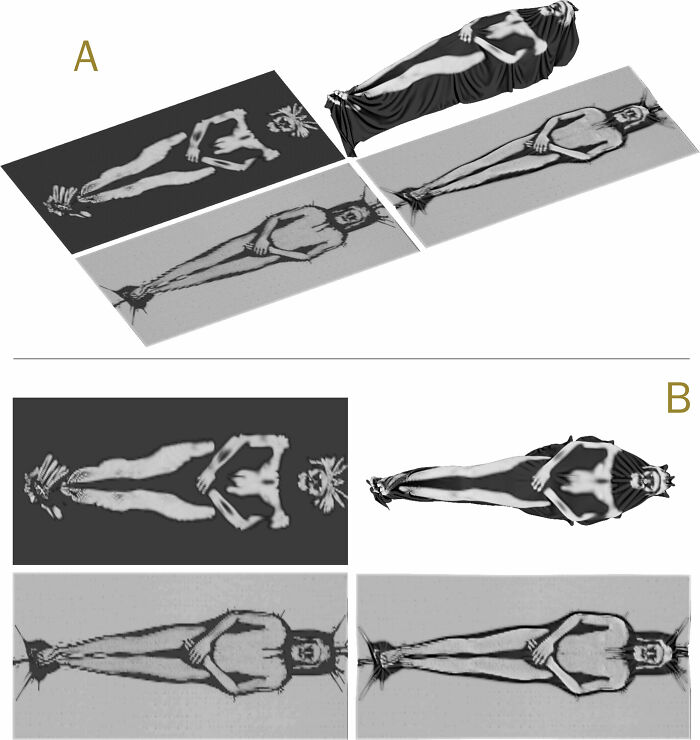 Comparison of Shroud of Turin veil images draped over a human figure versus a statue for evidence analysis. Comparison of Shroud of Turin veil images draped over a human figure versus a statue for evidence analysis.