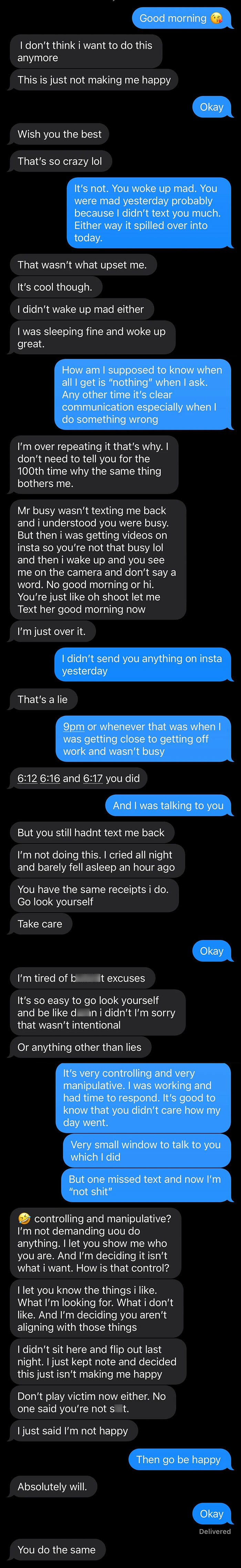 Text message screenshot showing a tense conversation highlighting delusional behavior and controlling traits in a relationship.