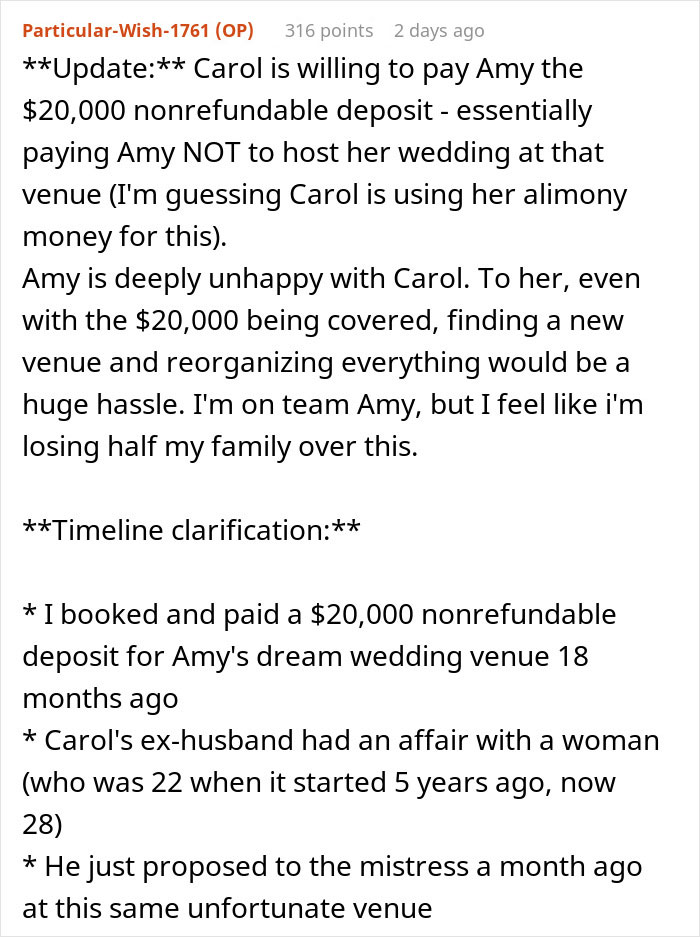 Text excerpt discussing a woman refusing to cancel her daughter&rsquo;s dream wedding venue despite family drama involving sister&rsquo;s cheating ex.