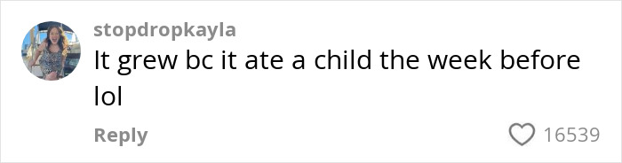 Comment reading It grew bc it ate a child the week before lol, posted by user stopdropkayla with 16539 likes.