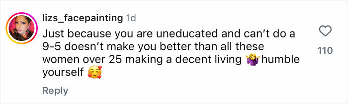 Comment on social media from adult star criticizing women working 9 to 5 jobs and promoting OnlyFans as a better option. Comment on social media from adult star criticizing women working 9 to 5 jobs and promoting OnlyFans as a better option.