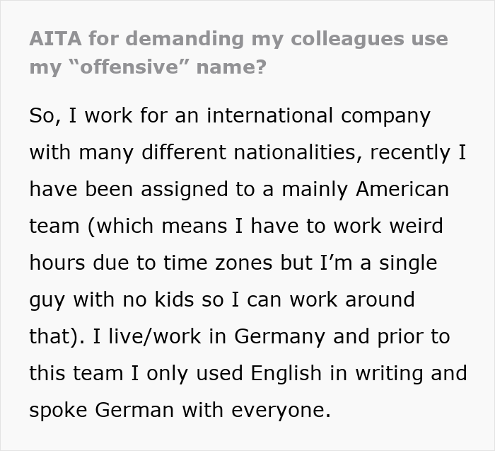 Alt text: Excerpt from a post about a man refusing to change his surname for American coworkers in an international workplace. - 2