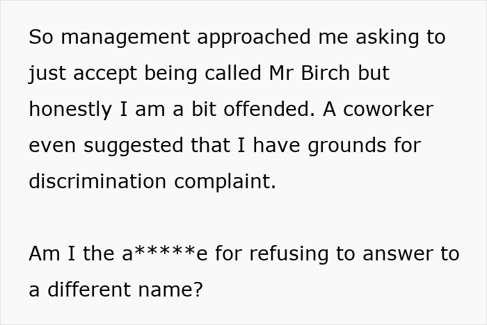 Text excerpt showing a man refuses to change his surname for American coworkers despite management's request. - 7