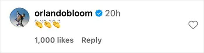 Orlando Bloom's Instagram comment with clapping emojis humorously addressing Katy Perry and Justin Trudeau dating rumors.