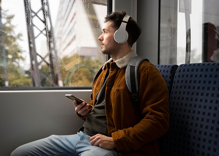 Man wearing headphones on a train, holding phone and looking out window, standing up to train bully in a calm moment.
