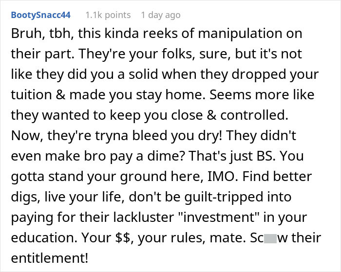 Comment text discussing manipulation by parents forcing pay expensive rent, urging standing ground and avoiding guilt trips.