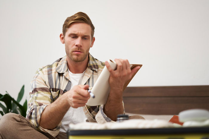 Man in casual shirt reading anonymous note, concerned over dodgy neighbor trying to trick woman&rsquo;s parking spot.