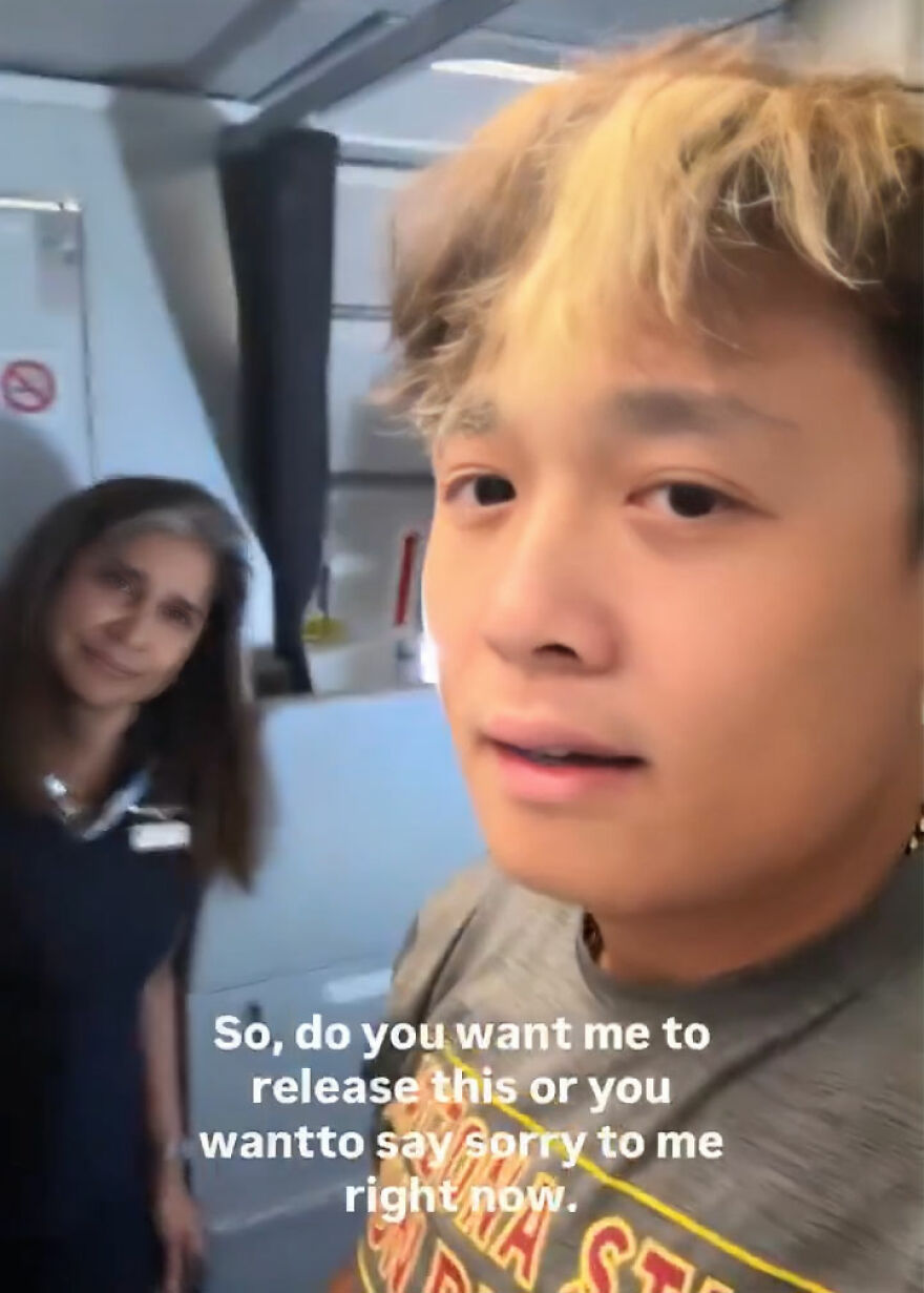 Young man confronts flight attendant during in-flight showdown after bathroom law violation caught on camera. Young man confronts flight attendant during in-flight showdown after bathroom law violation caught on camera.