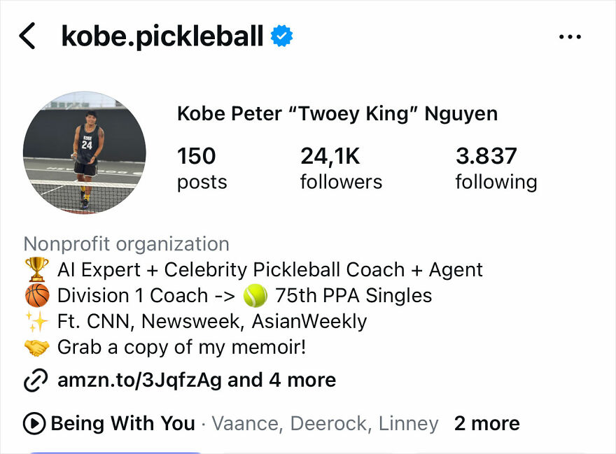 Instagram profile page showing Kobe Peter Nguyen with 24.1K followers, highlighting pickleball expertise and nonprofit work. Instagram profile page showing Kobe Peter Nguyen with 24.1K followers, highlighting pickleball expertise and nonprofit work.