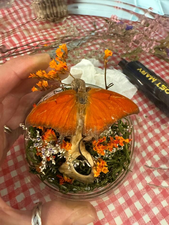 Handcrafted decor piece featuring an orange butterfly and dried flowers, adding a magical touch to home spaces.