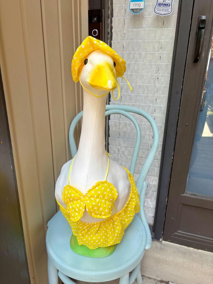 Goose decor piece dressed in yellow polka dot swimsuit and hat, adding a magical touch to home decor.