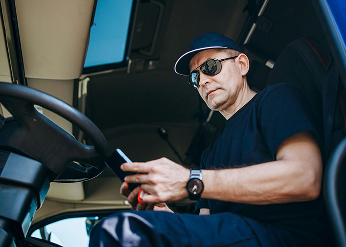Man wearing sunglasses and cap inside a vehicle looking at his phone, illustrating mysteries people personally experienced.