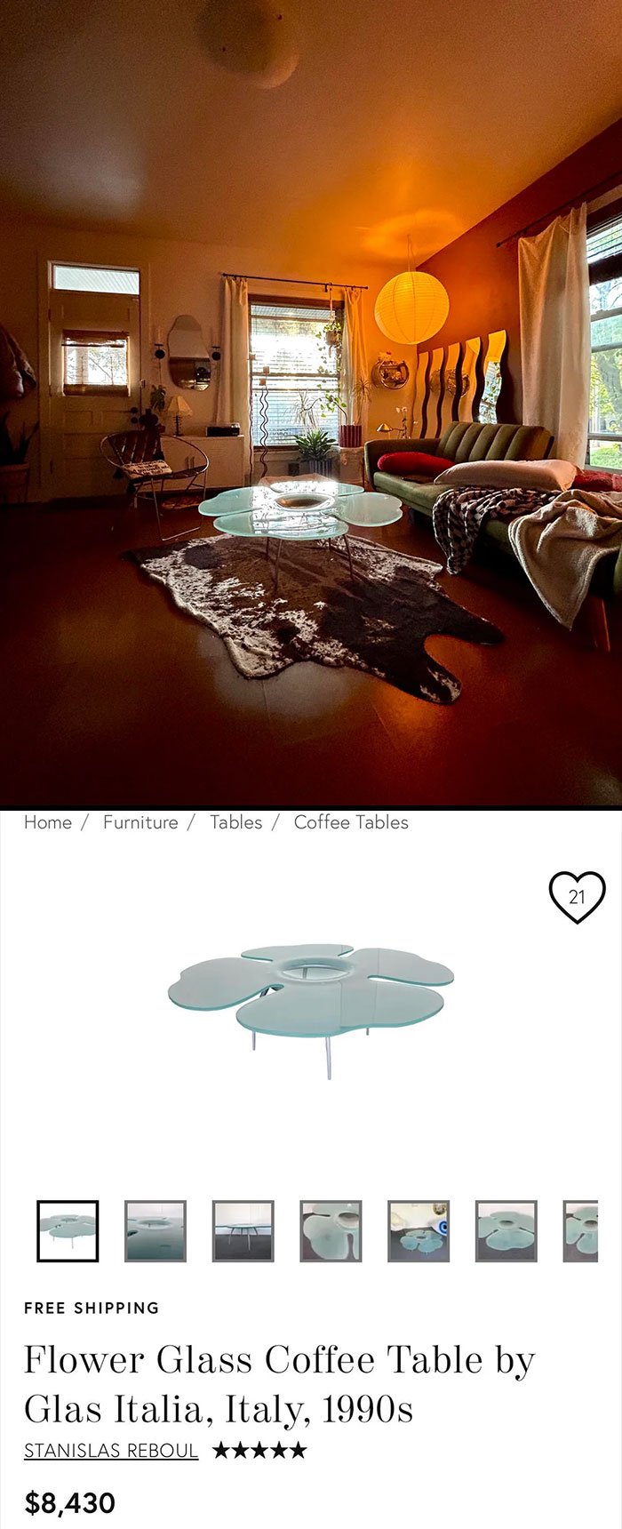 Cozy living room with thrift store finds including a vintage flower glass coffee table and mid-century furniture.