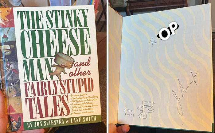 Signed copy of a thrift store book find titled The Stinky Cheese Man with author inscriptions and doodles inside.