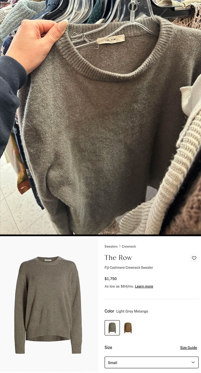 Hand holding a thrift store cashmere crewneck sweater from The Row among other clothing items on hangers.