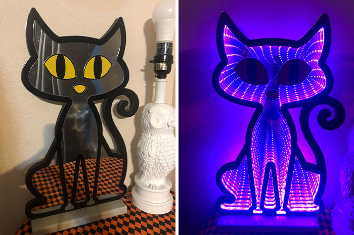 Black cat decoration thrift store find shown in daylight and glowing purple LED light at night.