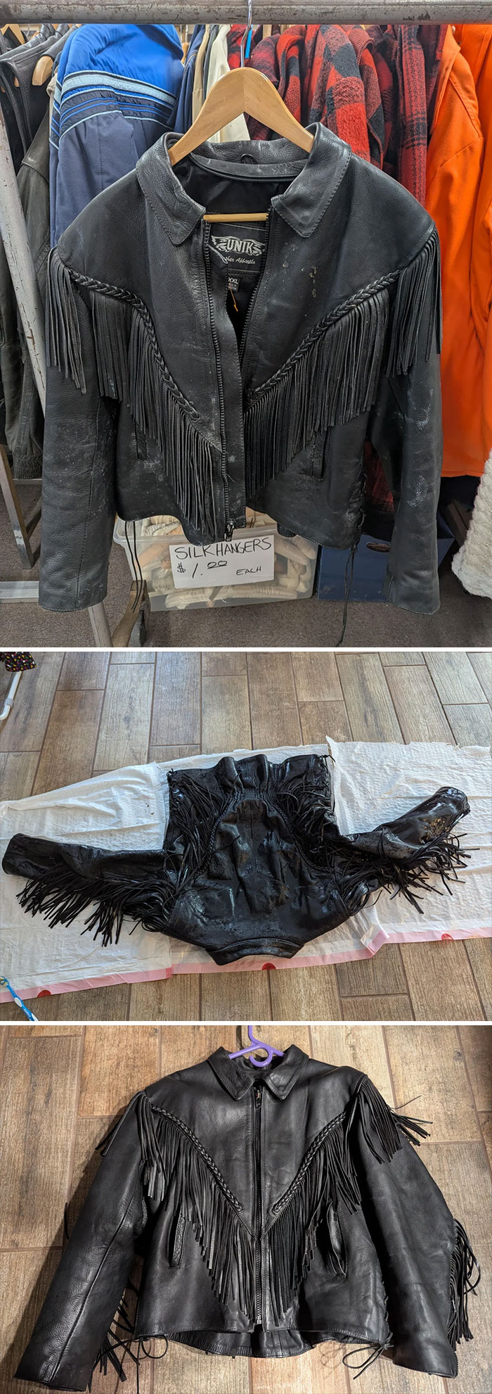 Black leather fringe jacket thrift store find before and after cleaning, showcasing an impressive thrift store find restoration.