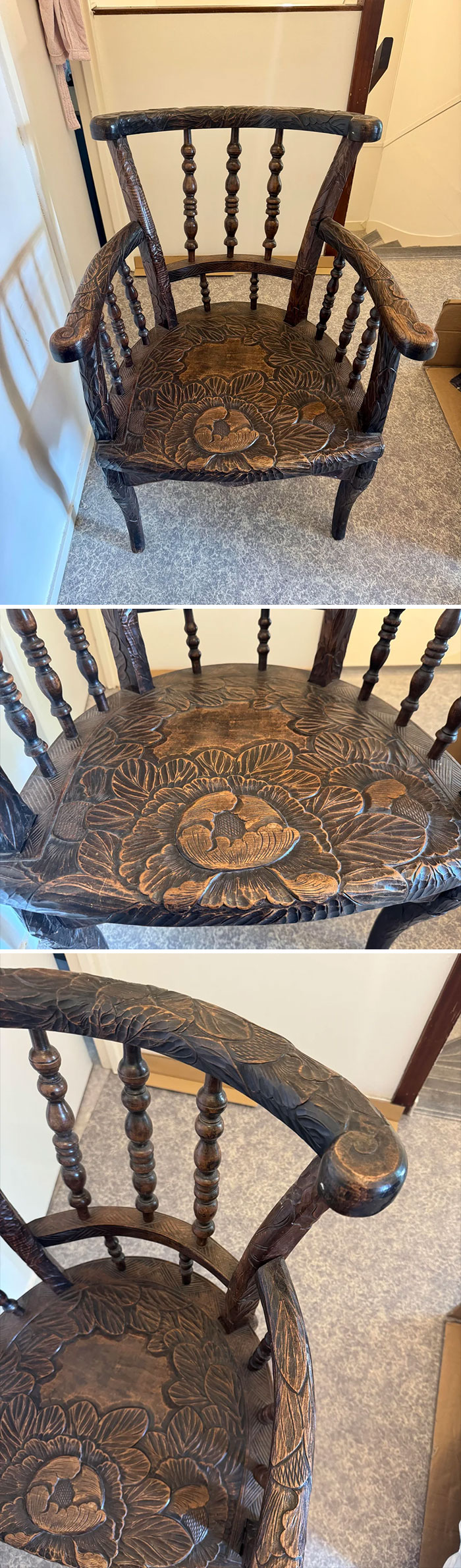 Carved wooden chair with floral patterns and spindle backrest, a unique thrift store find with detailed craftsmanship.