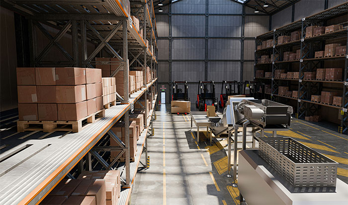 Warehouse interior showing shelves stacked with boxes and forklift trucks, illustrating overworked and underpaid employees.