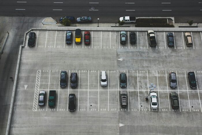 Aerial view of an almost empty parking lot with scattered cars, capturing moments people decided to leave.