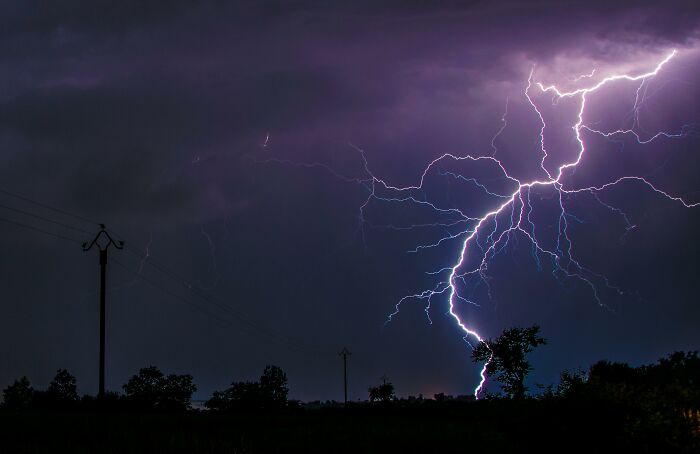 Lightning striking in the night sky over silhouetted trees, evoking chilling true stories of scary sounds heard by people at night.