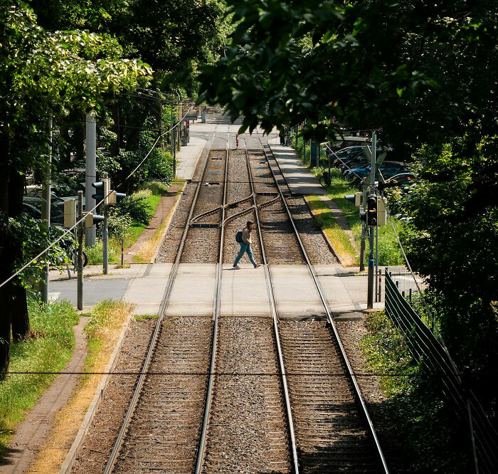 Person crossing railroad tracks outdoors surrounded by trees, illustrating people surviving crazy situations.