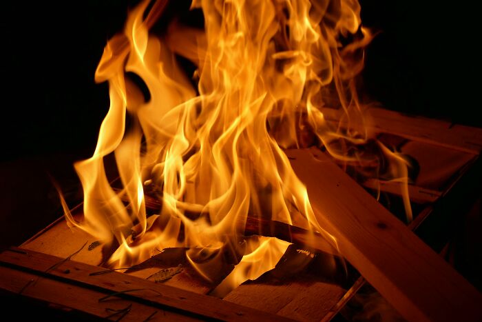 Close-up of bright orange flames burning wooden planks, illustrating wild secrets people discovered after someone passed.