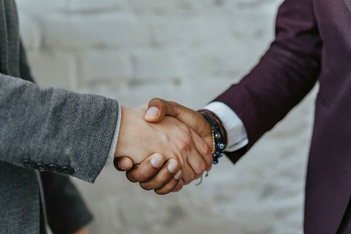 Two professionals shaking hands wearing business attire, symbolizing trust and career secrets in professions.