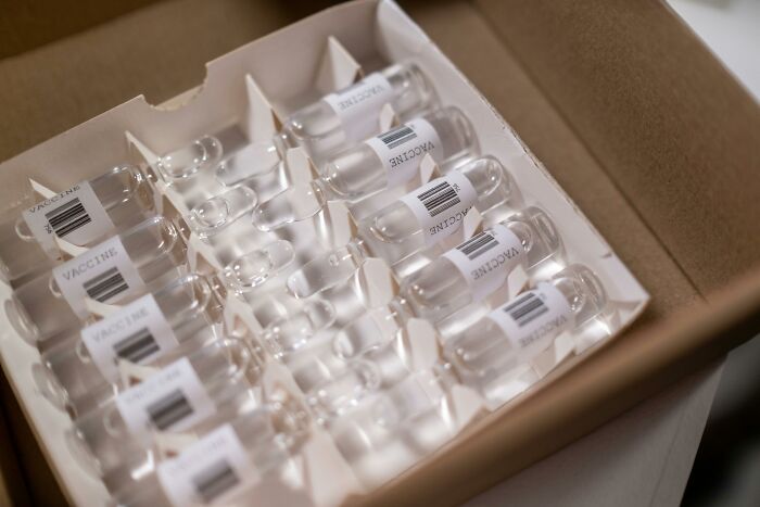 Vaccine vials neatly arranged in a box illustrating totally safe things people can’t stop freaking out about.