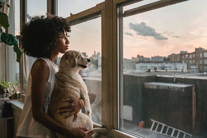 Woman holding a dog by the window at sunset, highlighting the realities of having dogs as pets.