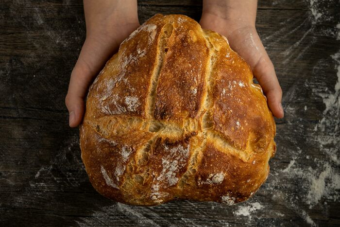 Hands holding a freshly baked crusty loaf of bread, one of the totally safe things people can’t stop freaking out about.