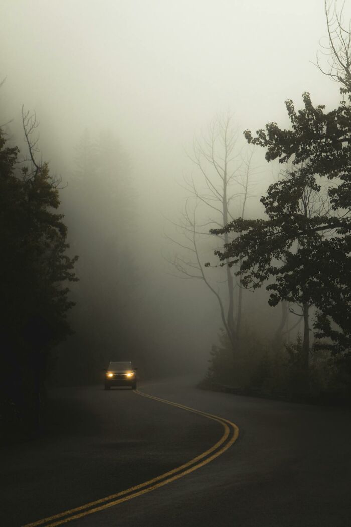 A car with headlights on driving on a foggy road surrounded by trees at night shift with paranormal encounters atmosphere.