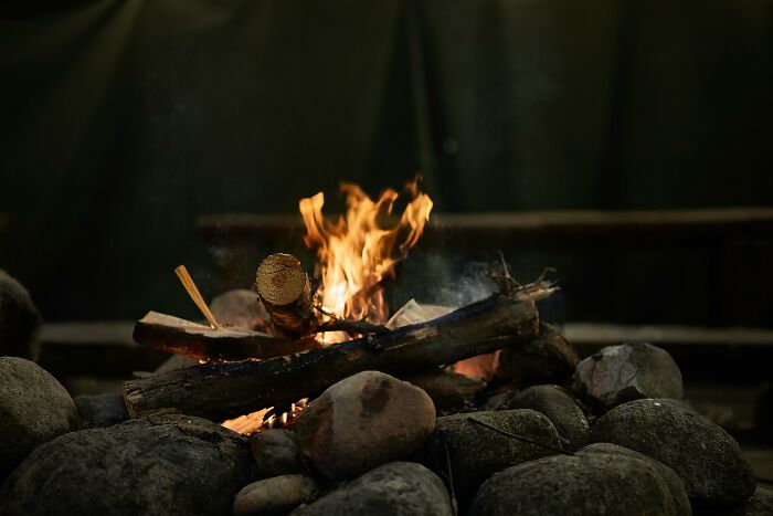 Campfire burning with logs and rocks around, symbolizing tiny human mistakes that changed history.