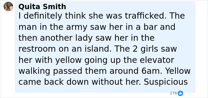 Comment revealing new details about Amy Bradley cruise ship mystery suggesting possible trafficking and suspicious sightings. Comment revealing new details about Amy Bradley cruise ship mystery suggesting possible trafficking and suspicious sightings.